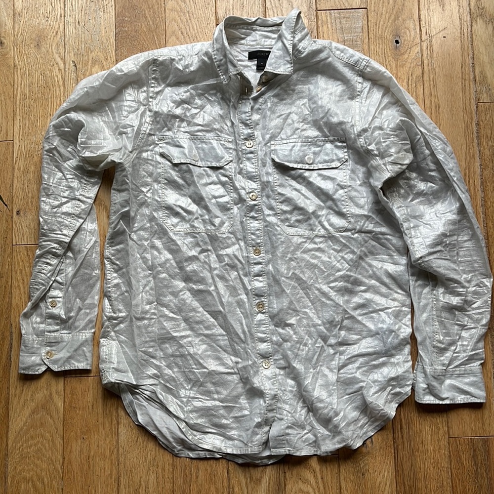 J. Crew shimmering pearlescent ecru cotton button down shirt size 4 EUC